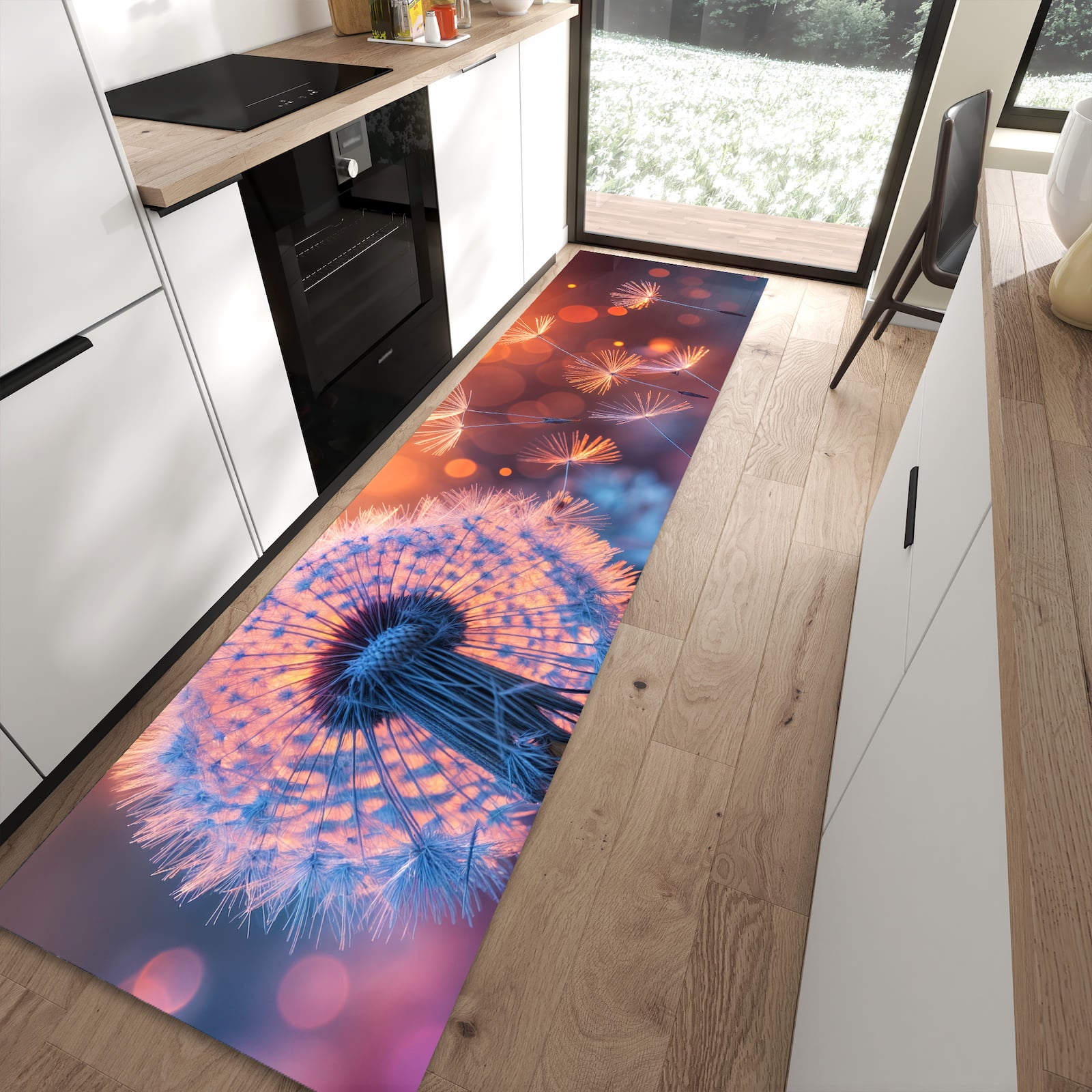 Fleckenresistenter Küchenteppich mit Motiv Pusteblumenglühen in moderner Küche