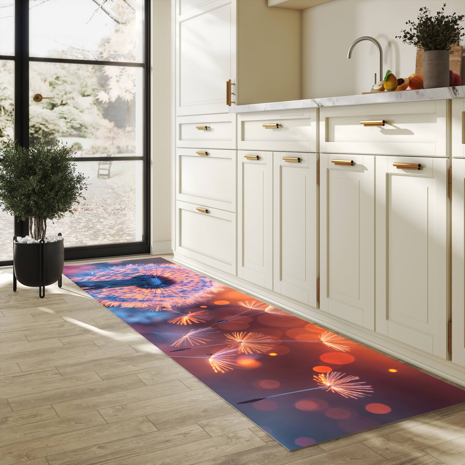 Dünner waschbarer Küchenteppich mit Motiv Pusteblumenglühen für angenehme Haptik in heller Küche