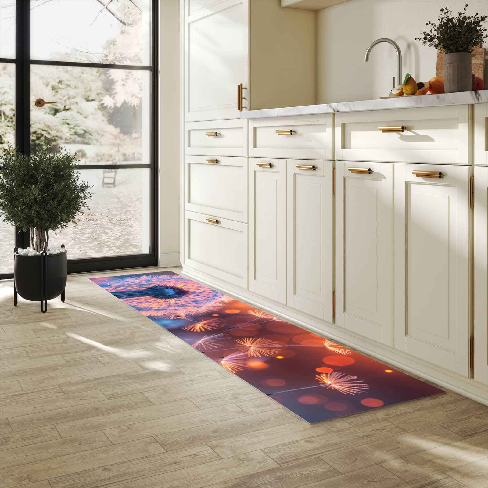 Langlebiger waschbarer Küchenläufer mit Motiv Pusteblumenglühen in heller Küche
