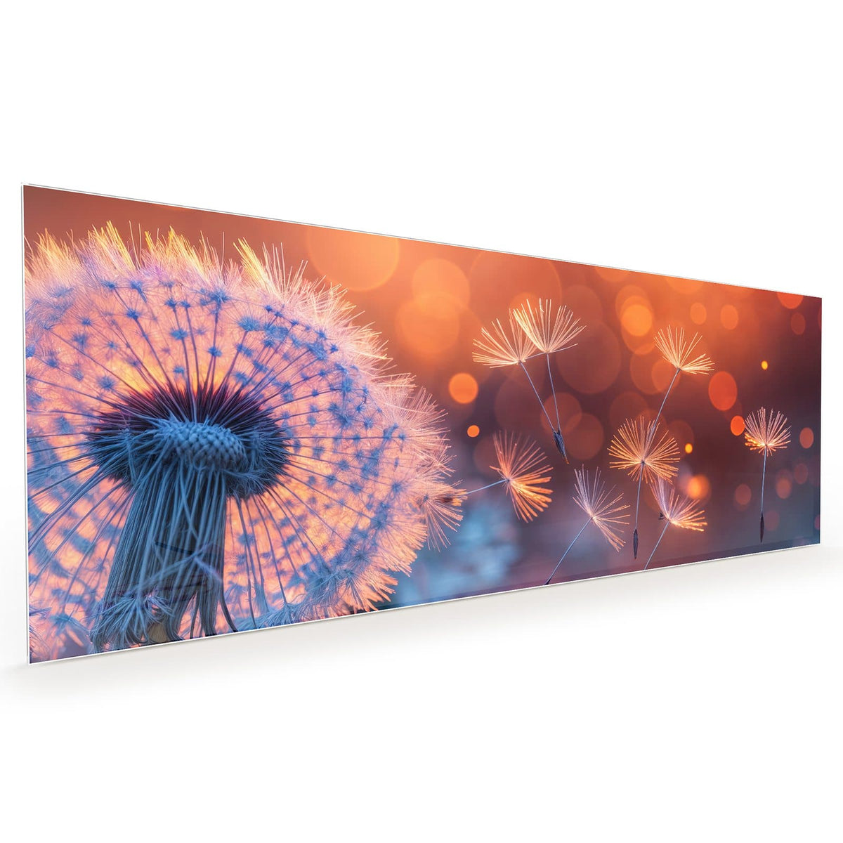 Küchenrückwand aus Glas im Hochformat mit Motiv Glühende Pusteblume: Pusteblume im Gegenlicht, davonfliegende Samen leuchten orange vor warmem Bokeh
