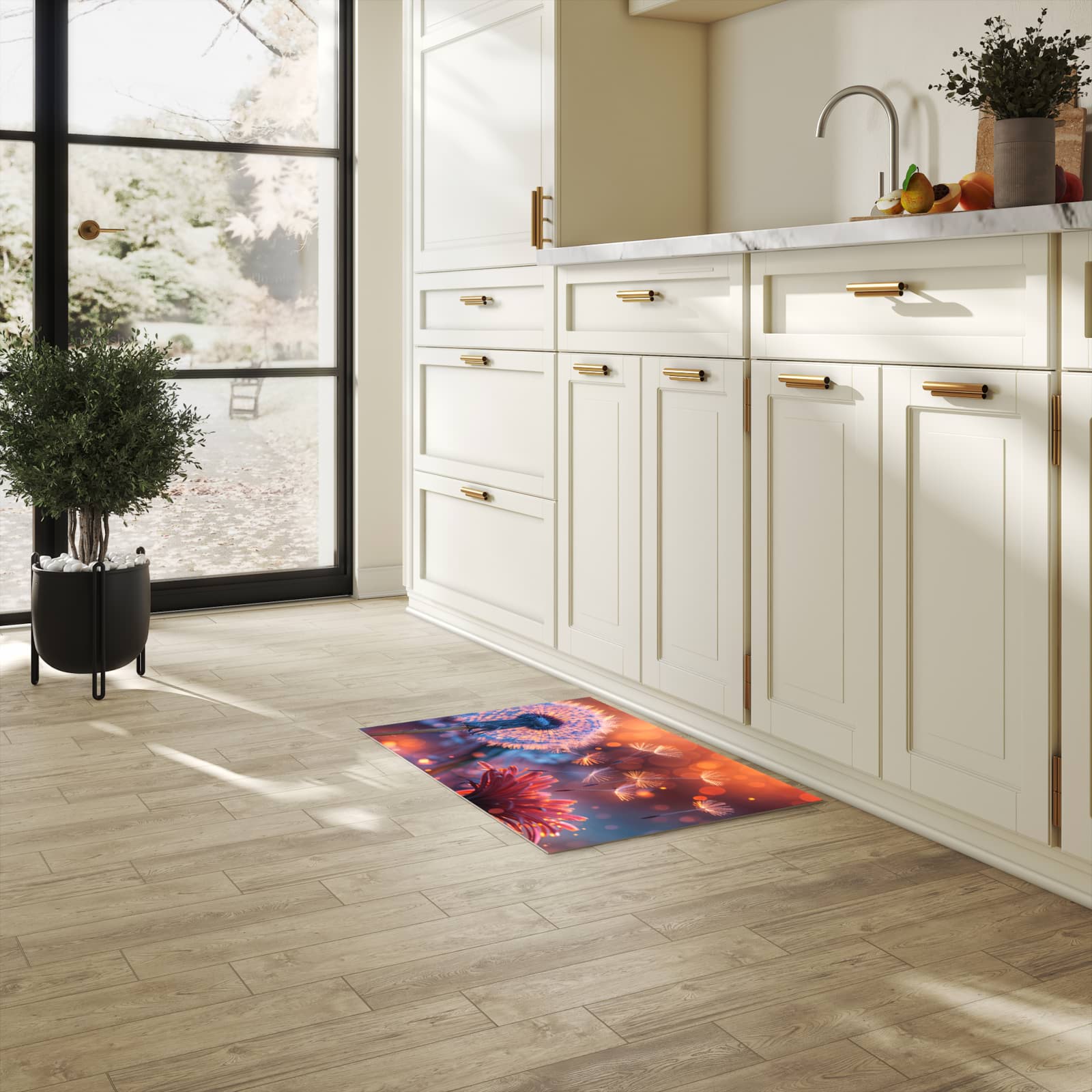 Pflegeleichter Läufer für Eingangsbereich mit Motiv Pusteblumenglühen in heller Küche