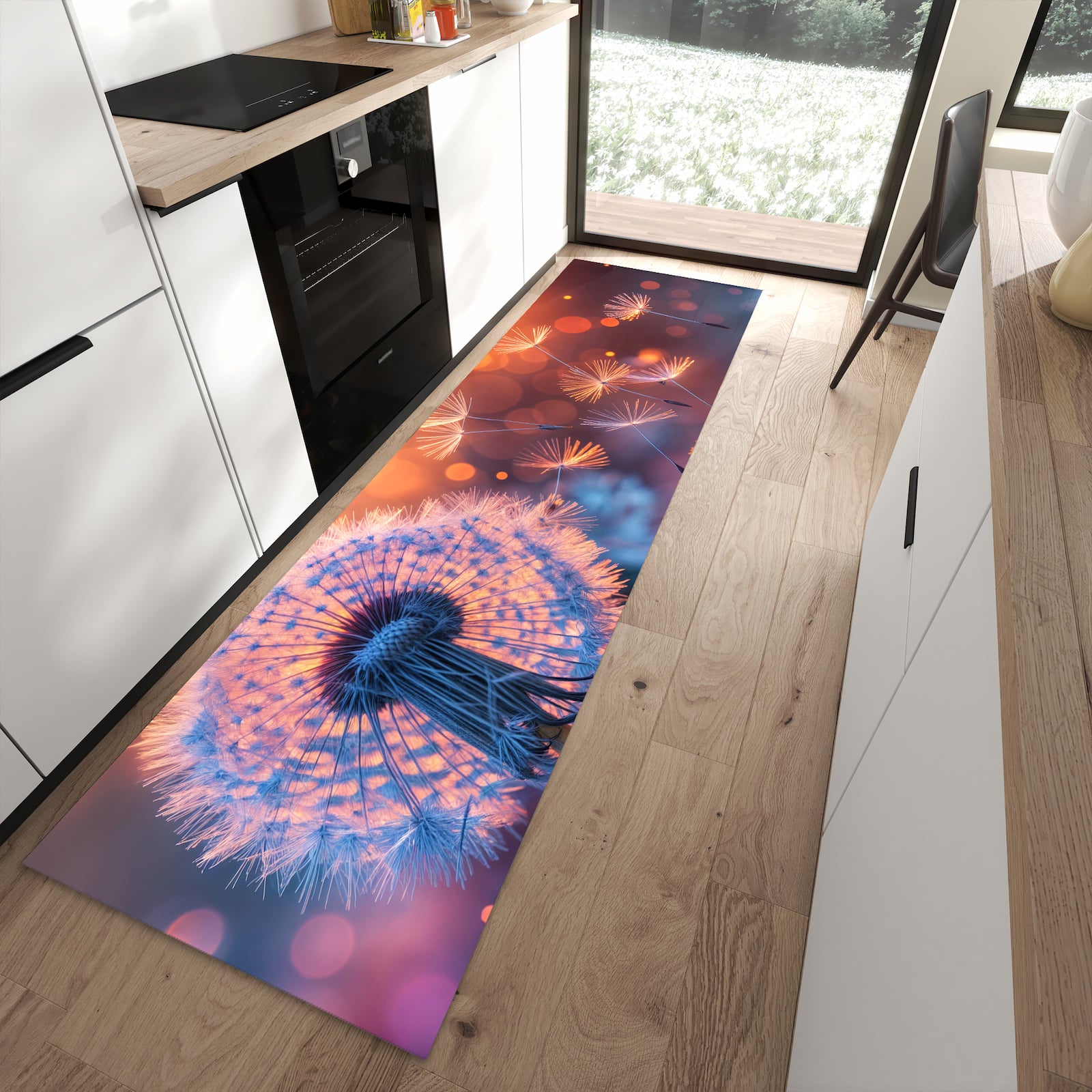 Wasserabweisender Teppich für Küche mit Motiv Pusteblumenglühen in moderner Küche