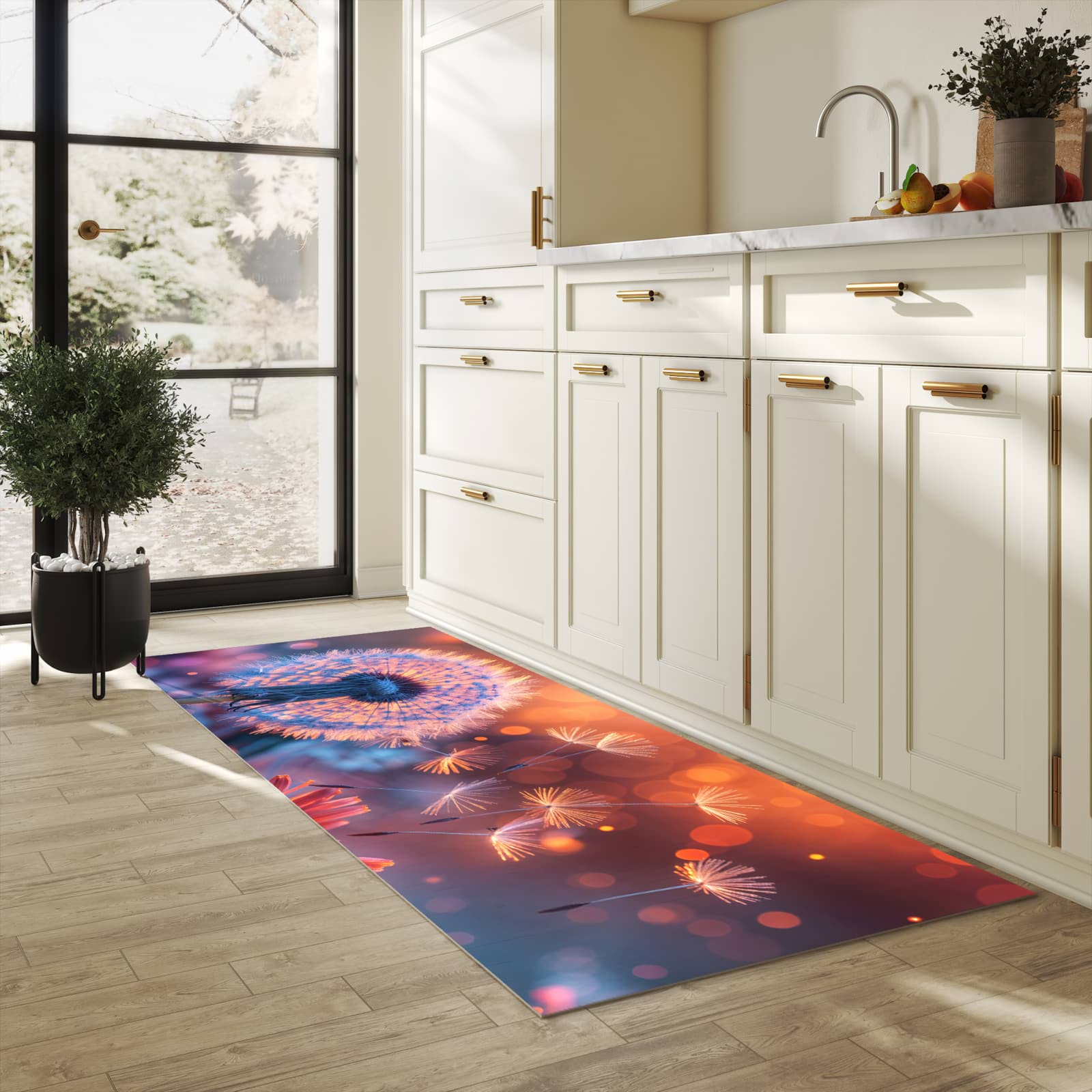 Strapazierfähiger Teppich für Esstisch mit Motiv Pusteblumenglühen in heller Küche