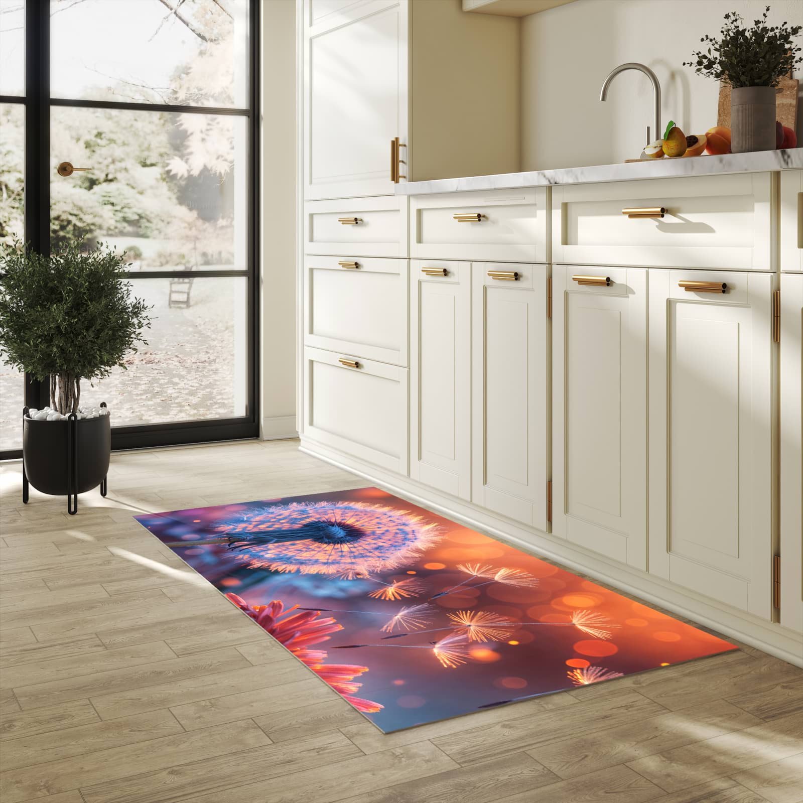 Hygienischer Teppich fürs Esszimmer mit Motiv Pusteblumenglühen in heller Küche