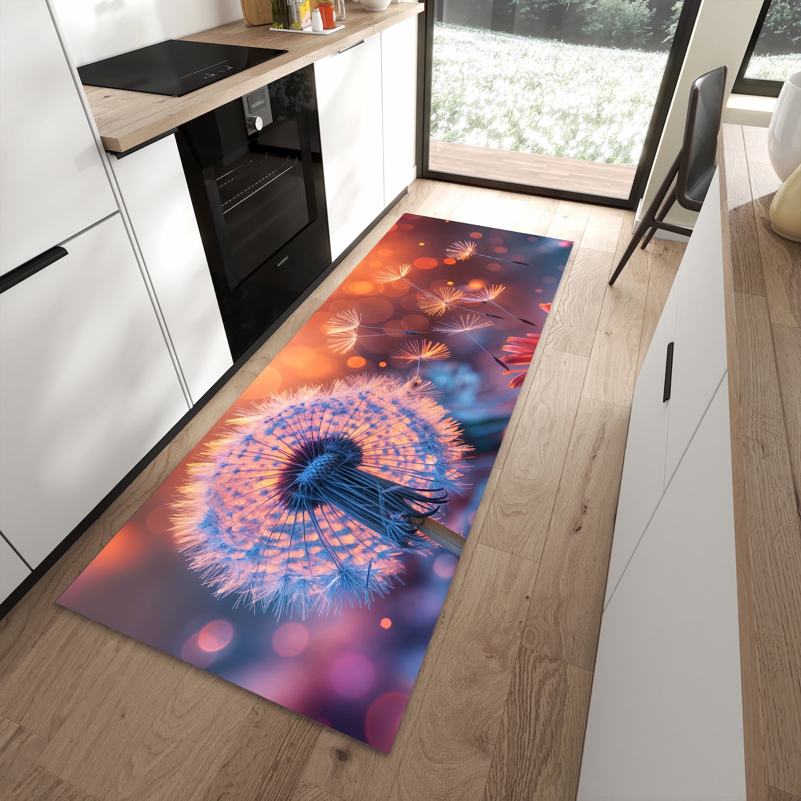 Geruchsneutraler Küchenteppich mit Motiv Pusteblumenglühen in moderner Küche