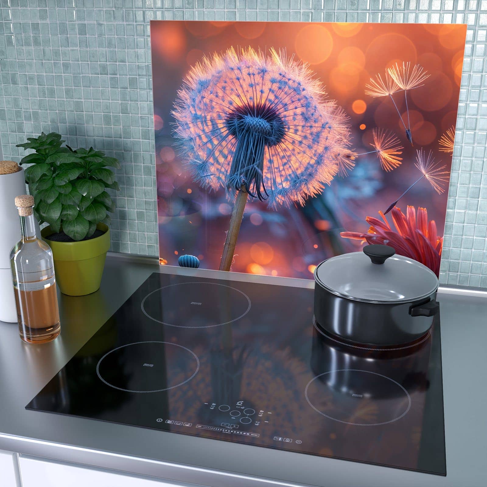 1-teilige Herdabdeckplatte aus Glas mit Glühende Pusteblume-Motiv als Spritzschutz hinter dem Kochfeld
