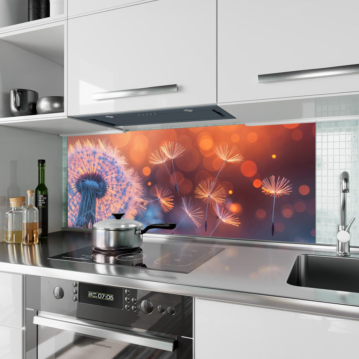 Küchenrückwand Glühende Pusteblume aus Glas – Pusteblume im orangen Gegenlicht