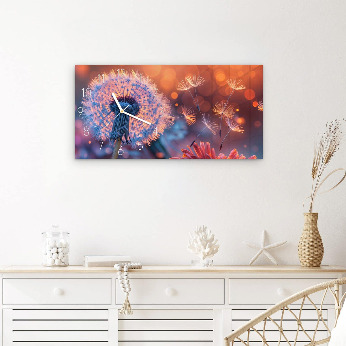 Wanduhr Glühende Pusteblume aus Glas – Querformat 60 × 30 cm – Löwenzahn zwischen bunten Lichtpunkten