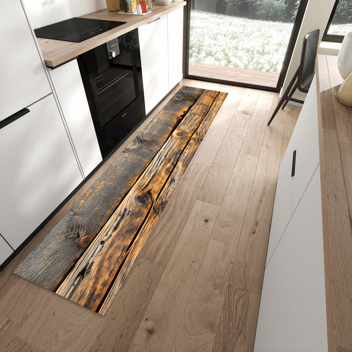 Rutschfester Küchenteppich mit Motiv Holzmuster Planken für angenehmes Stehen in moderner Küche