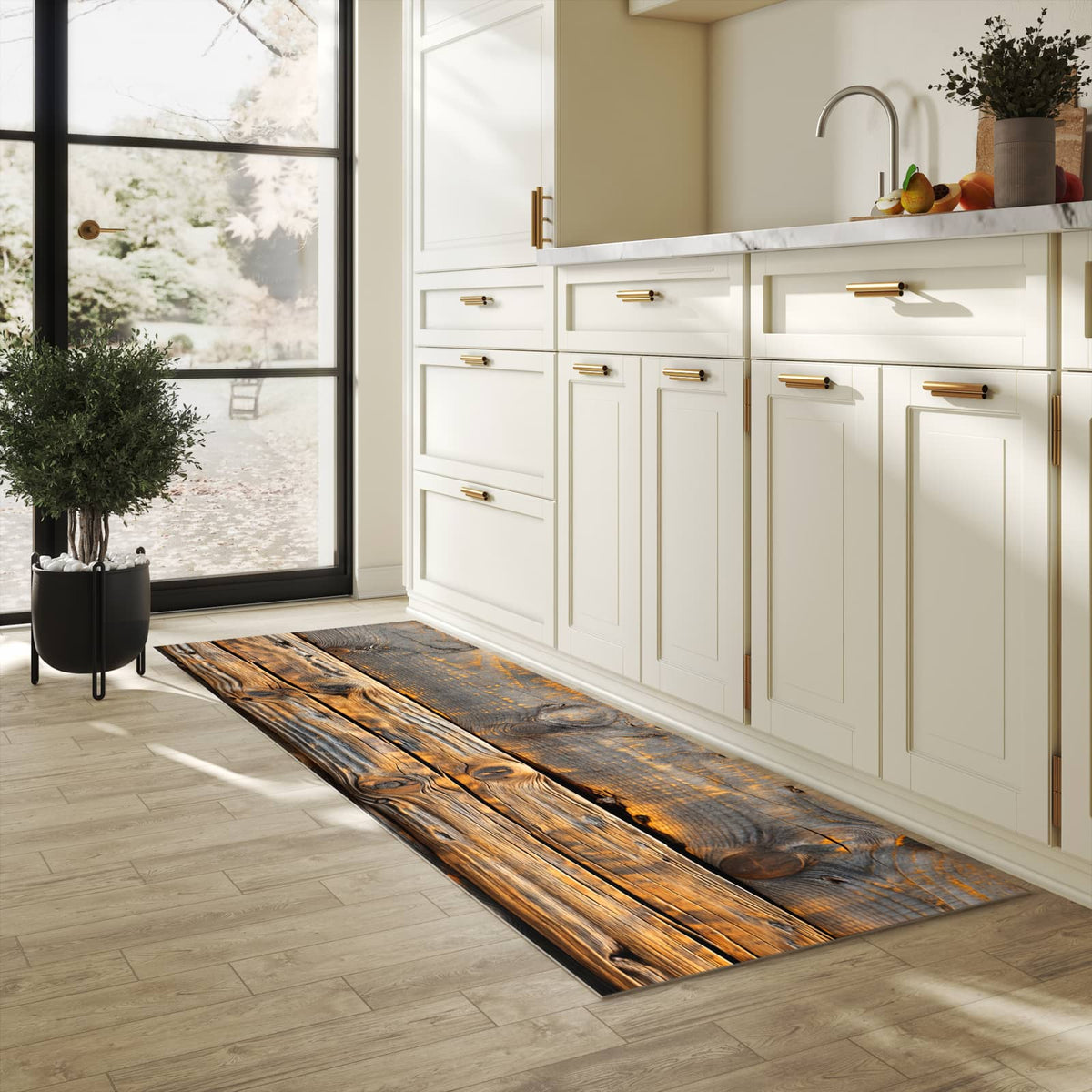 Zeitsparender Läufer Küche mit Motiv Holzmuster Planken in heller Küche