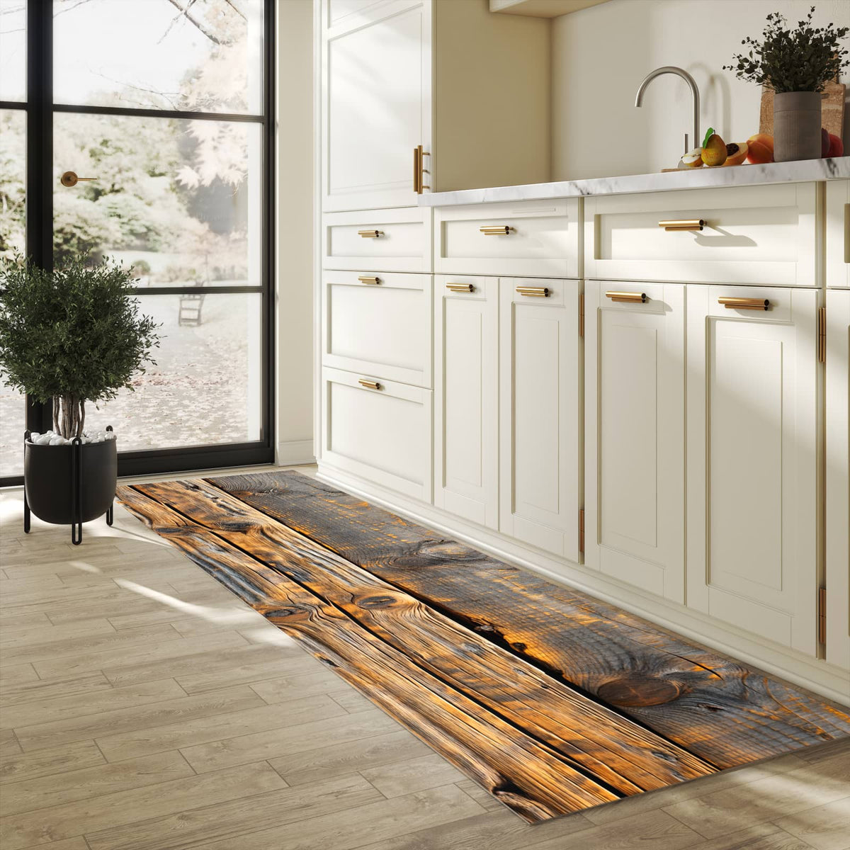 Abriebfester Küchenläufer mit Motiv Holzmuster Planken in heller Küche