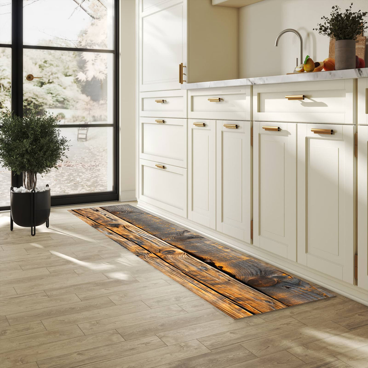 Bodenschonender Küchenteppich mit Motiv Holzmuster Planken in heller Küche