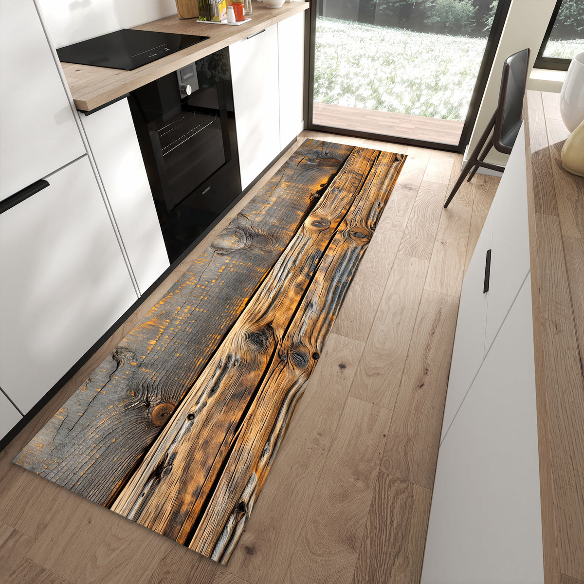 Rutschfester Küchenläufer mit Motiv Holzmuster Planken in moderner Küche