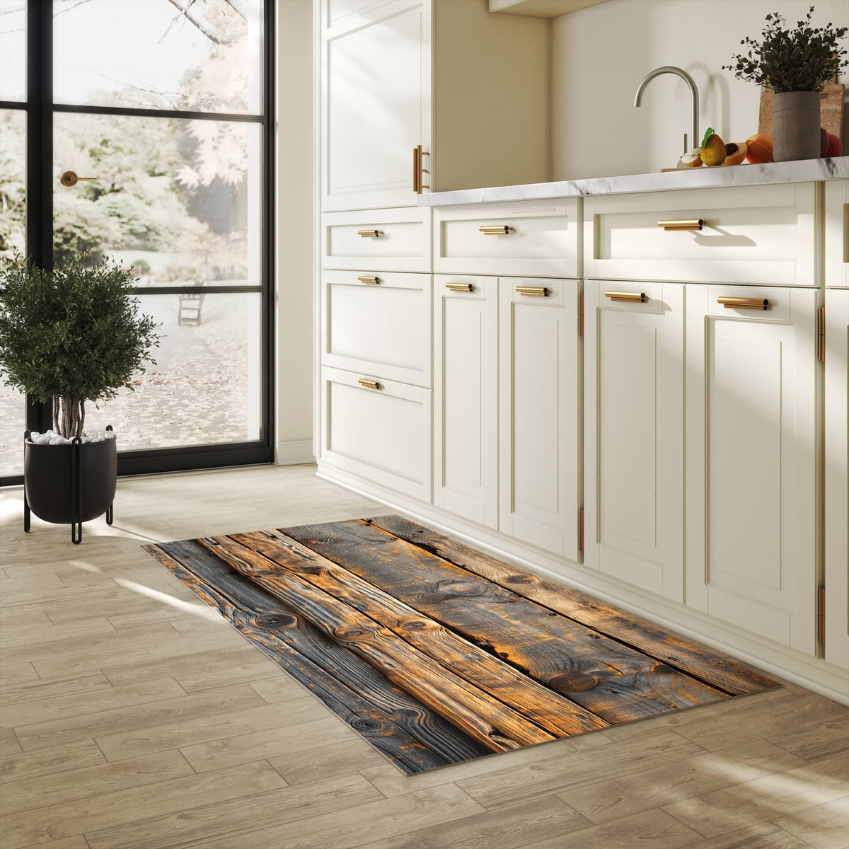 UV-beständiger Küchenvorleger mit Motiv Holzmuster Planken in heller Küche