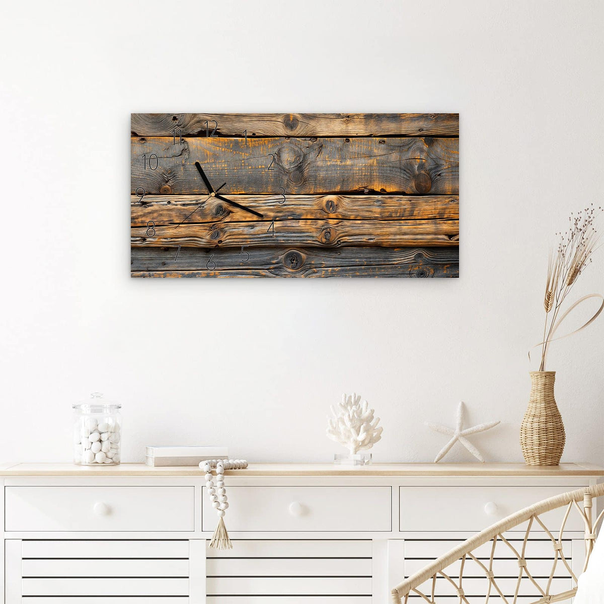 Wanduhr Rustikale Holzplanken aus Glas – Querformat 60 × 30 cm – Verwitterte Holzplanken mit Astlöchern