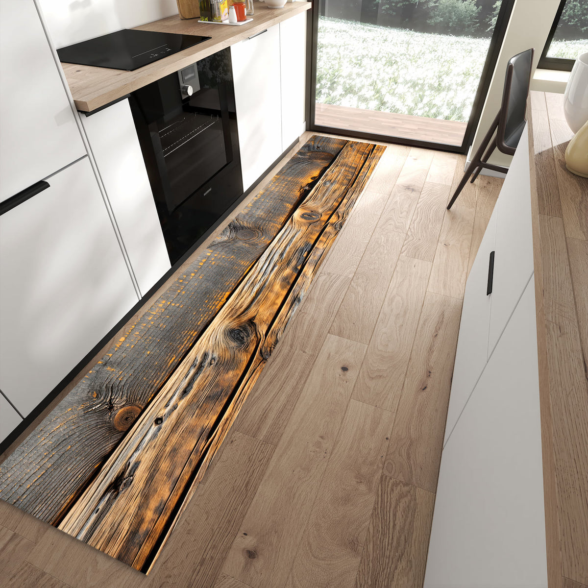 Hygienischer Küchenteppich mit Motiv Holzmuster Planken in moderner Küche - waschbar