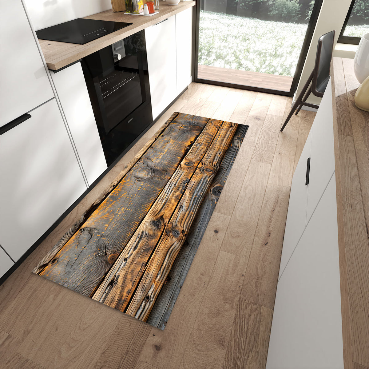 Waschbarer Küchenläufer mit Motiv Holzmuster Planken in moderner Küche