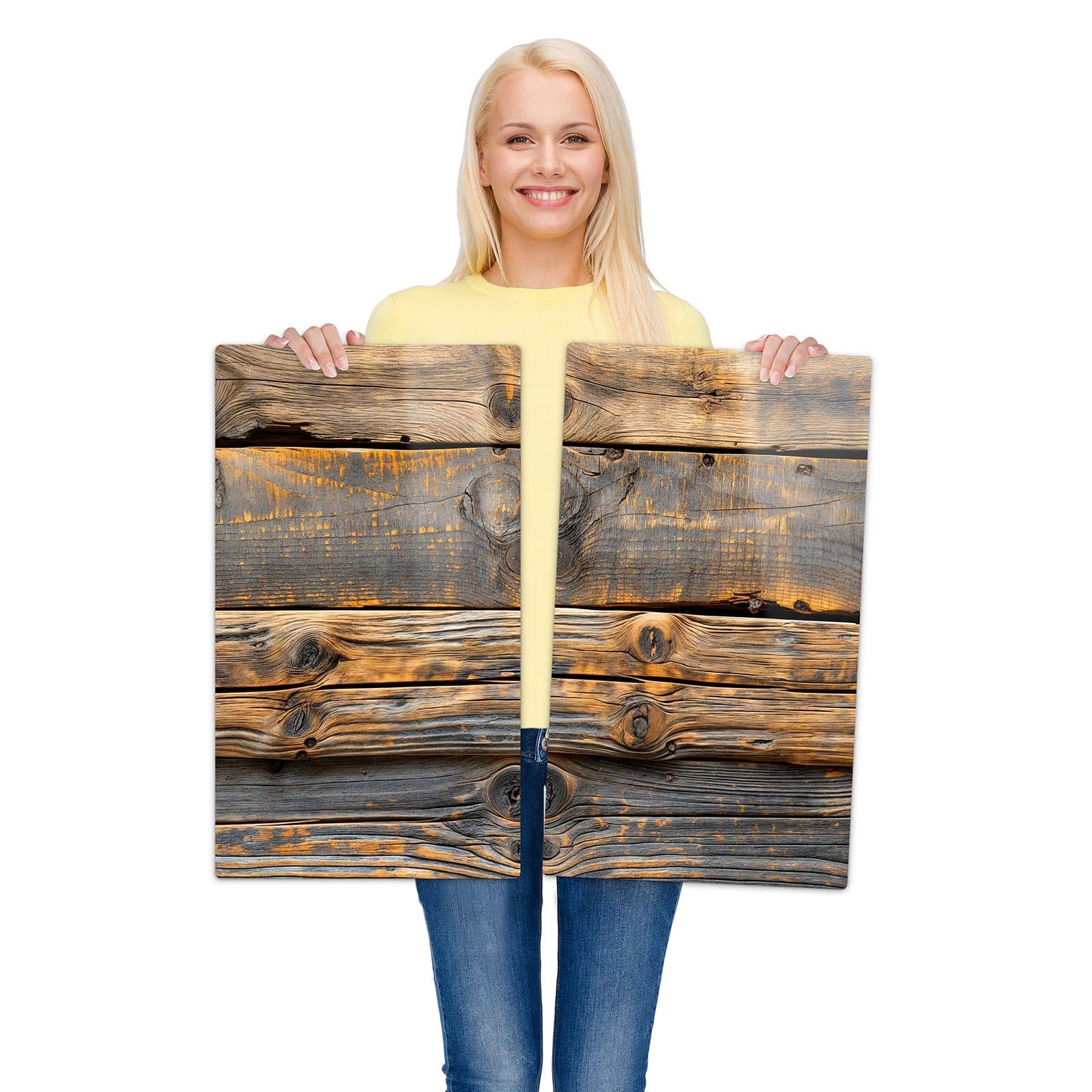 2-teilige Abdeckplatten für Ceranfeld mit Rustikale Holzplanken-Motiv wird zur Größendarstellung gehalten
