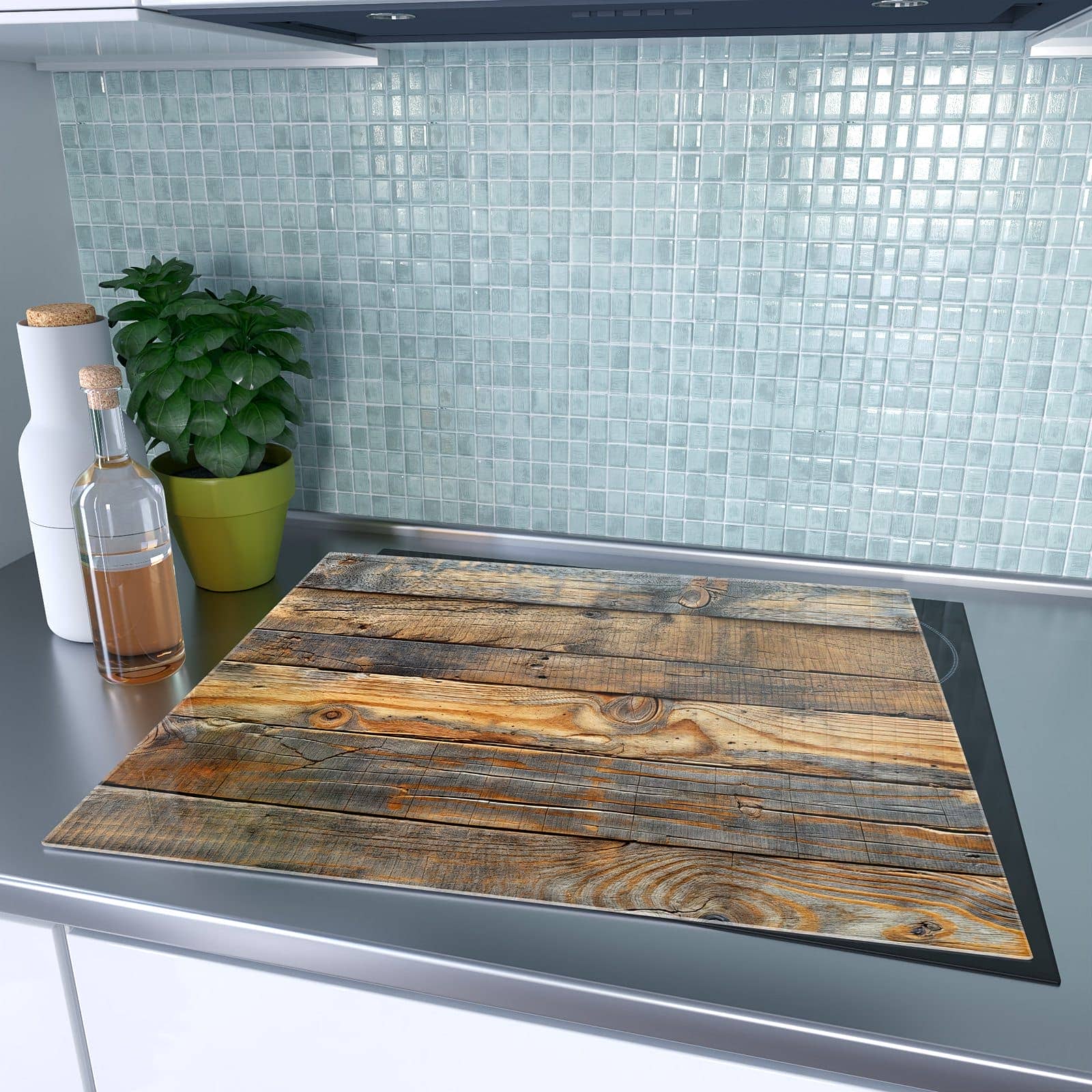 1-teilige Deckplatte aus Glas mit Holzwandoptik-Motiv auf dem Ceranfeld