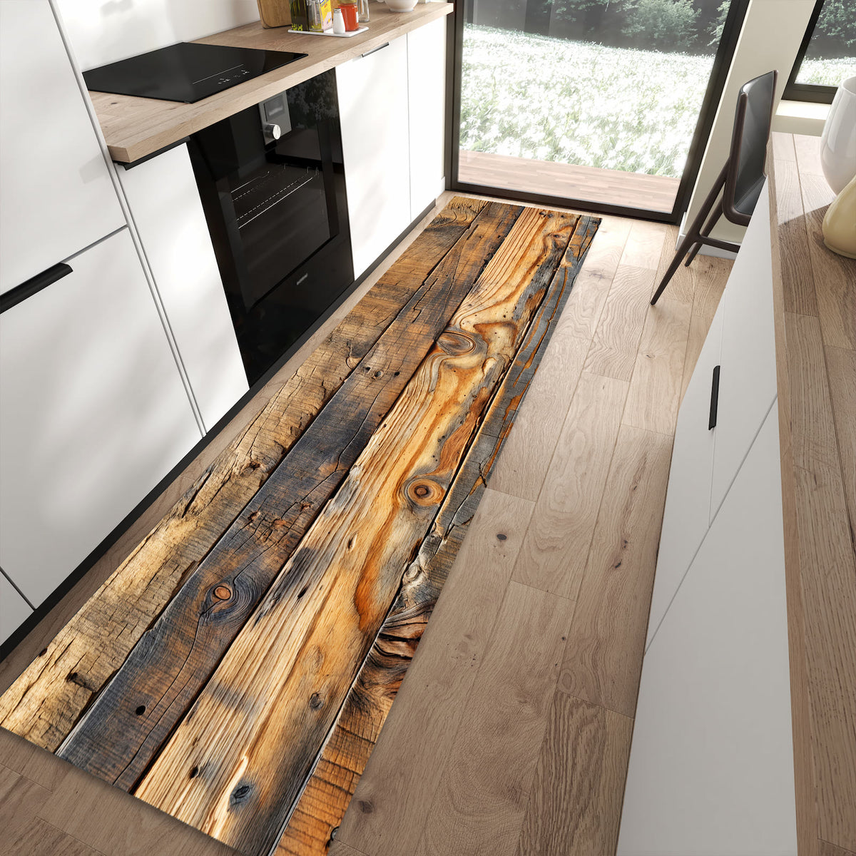 Geruchsneutraler waschbarer Küchenteppich mit Motiv Holzwandoptik in moderner Küche