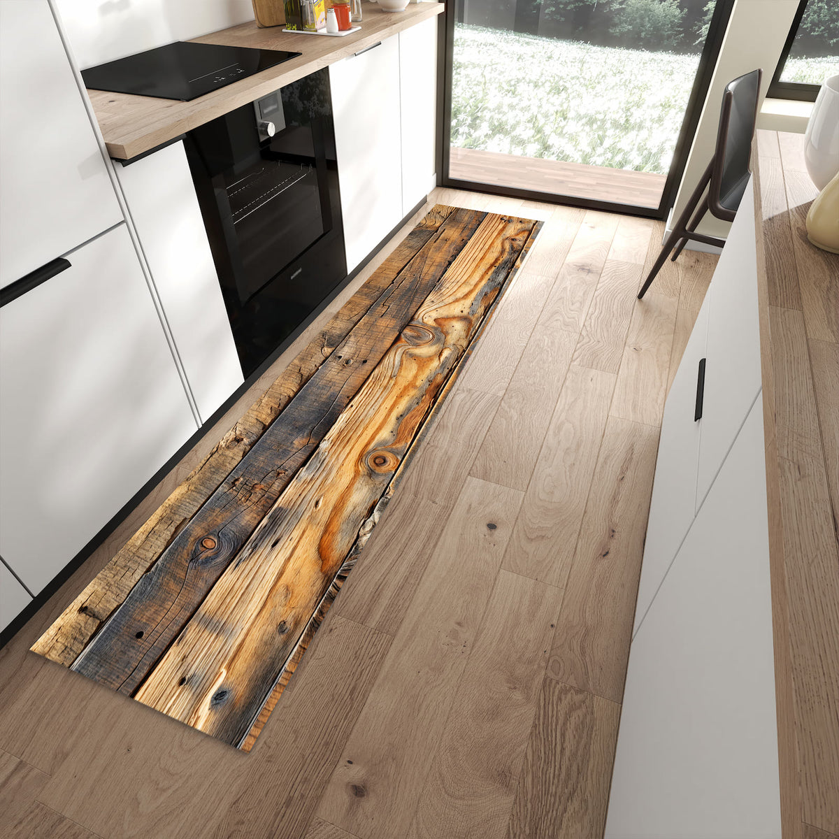 Abriebfester waschbarer Teppich fürs Esszimmer mit Motiv Holzwandoptik in moderner Küche