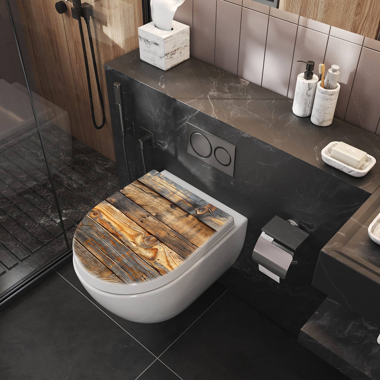 WC-Sitz mit Absenkautomatik Holzwandoptik