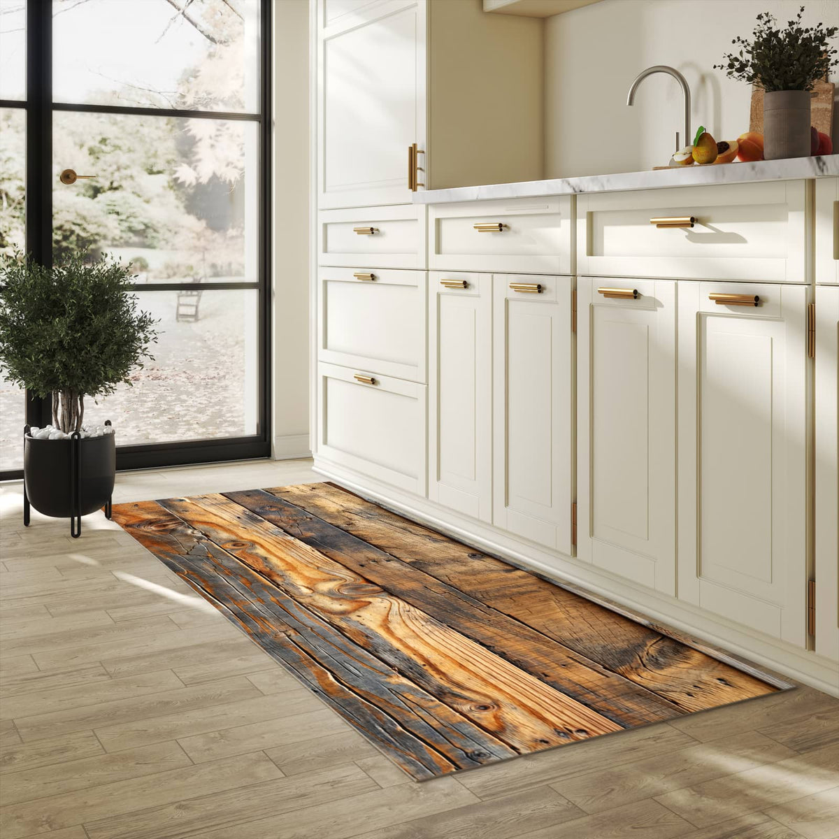 Langlebiger Küchenläufer mit Motiv Holzwandoptik in heller Küche