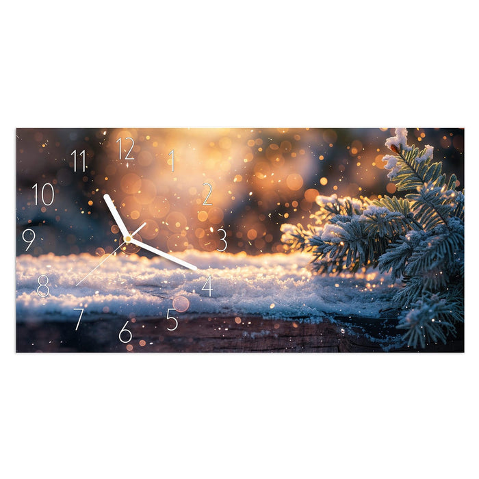 Wanduhr Winterzweig Schnee aus Glas – Querformat 60 × 30 cm mit Ziffernblatt Elegant