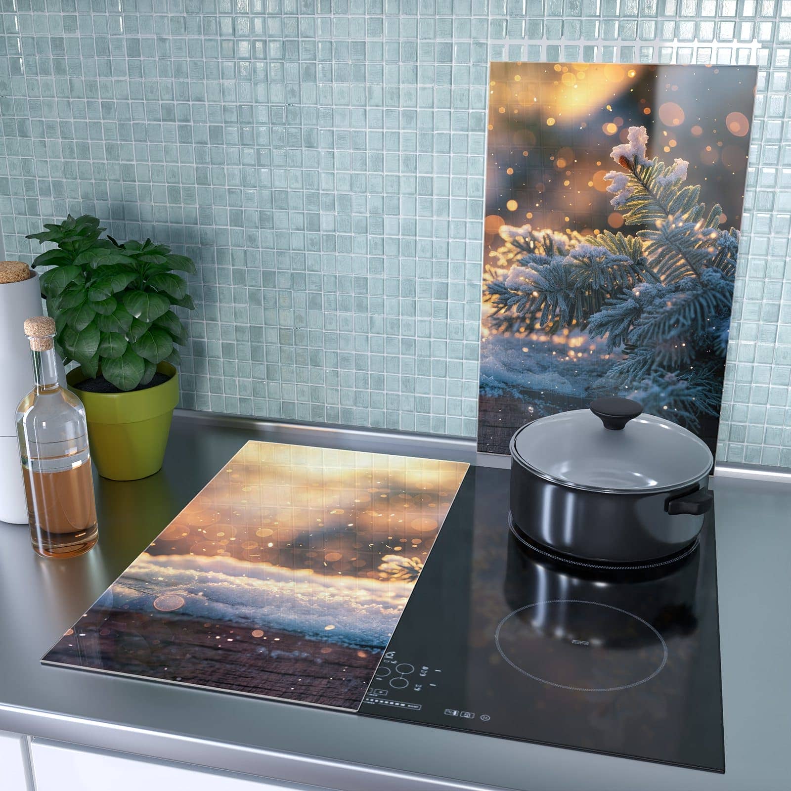 2-teilige Abdeckplatte Induktionsherd mit Winterzweig Schnee-Motiv als Spritzschutz hinter dem Kochfeld