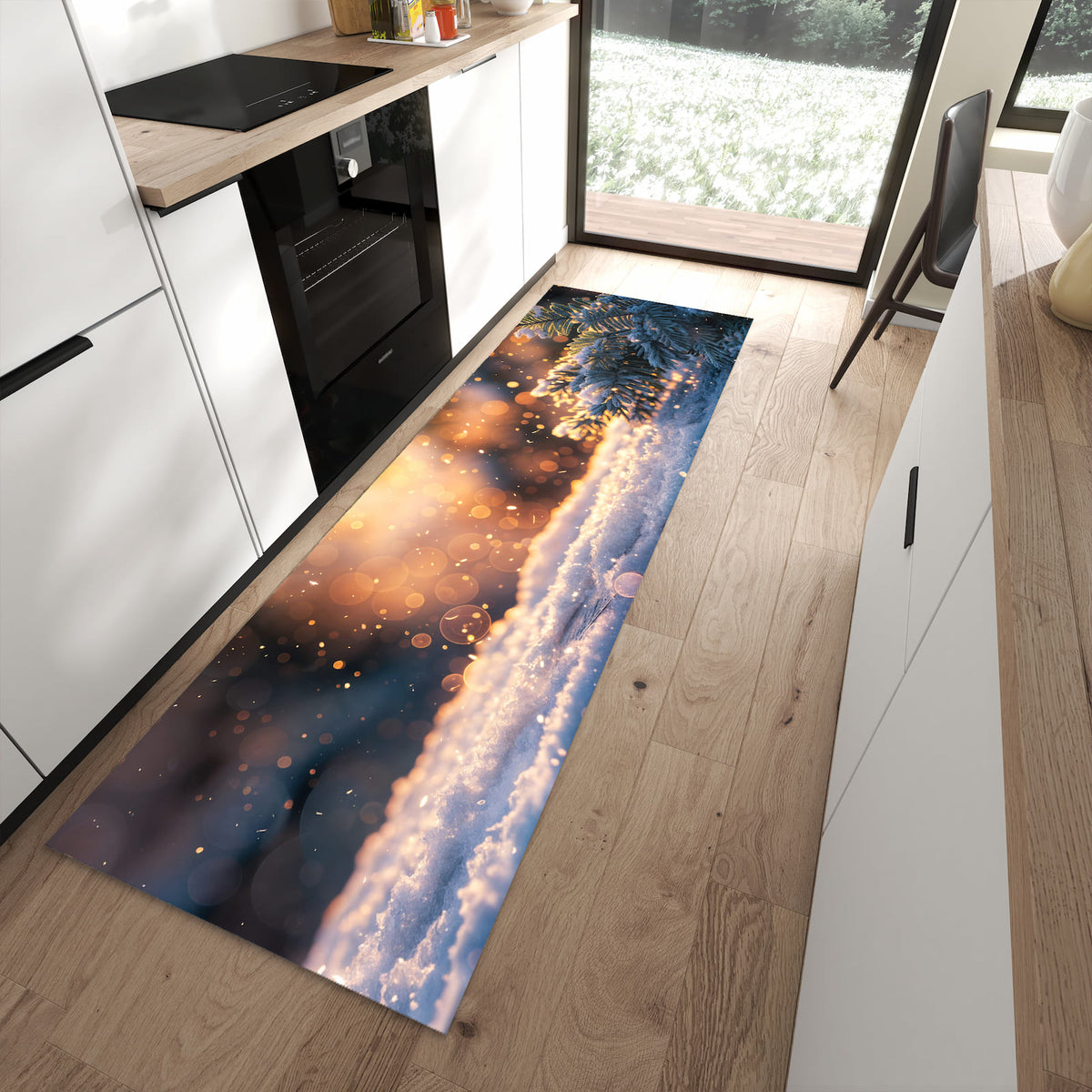 Feuchtigkeitsresistenter Teppichläufer mit Motiv Winterzweig Schnee in moderner Küche
