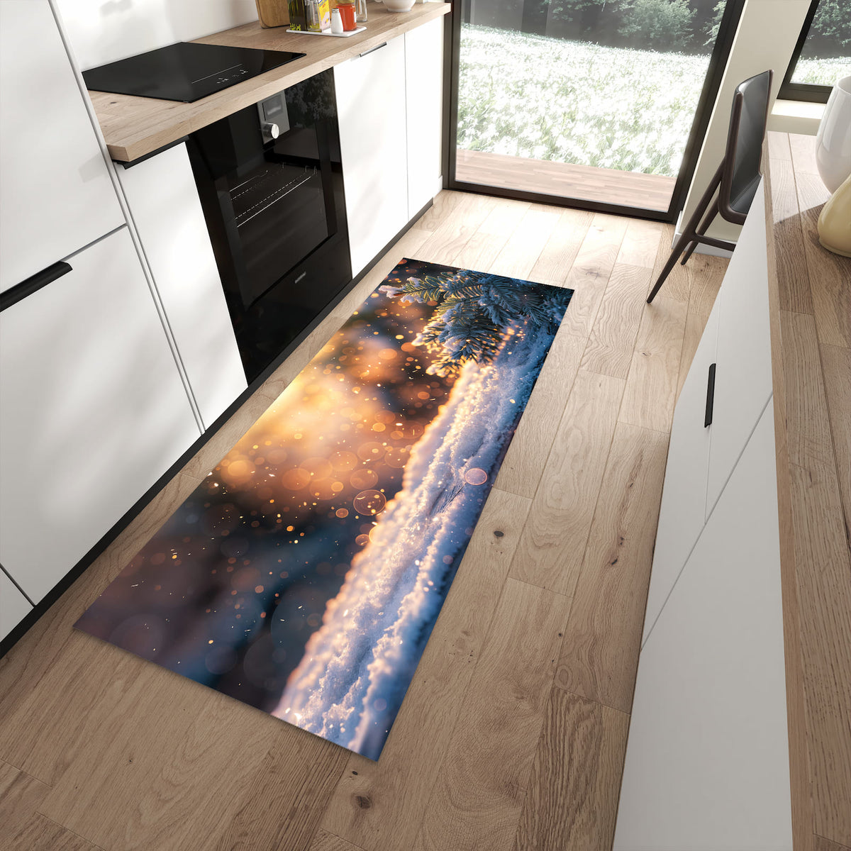 Rutschfester Küchenläufer mit Motiv Winterzweig Schnee in moderner Küche