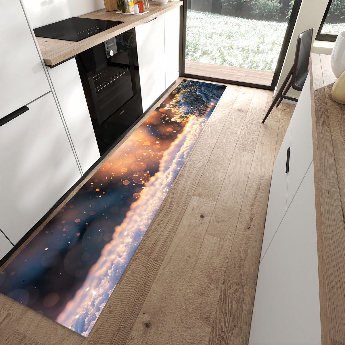 Waschbarer Küchenteppich mit Motiv Winterzweig Schnee in moderner Küche