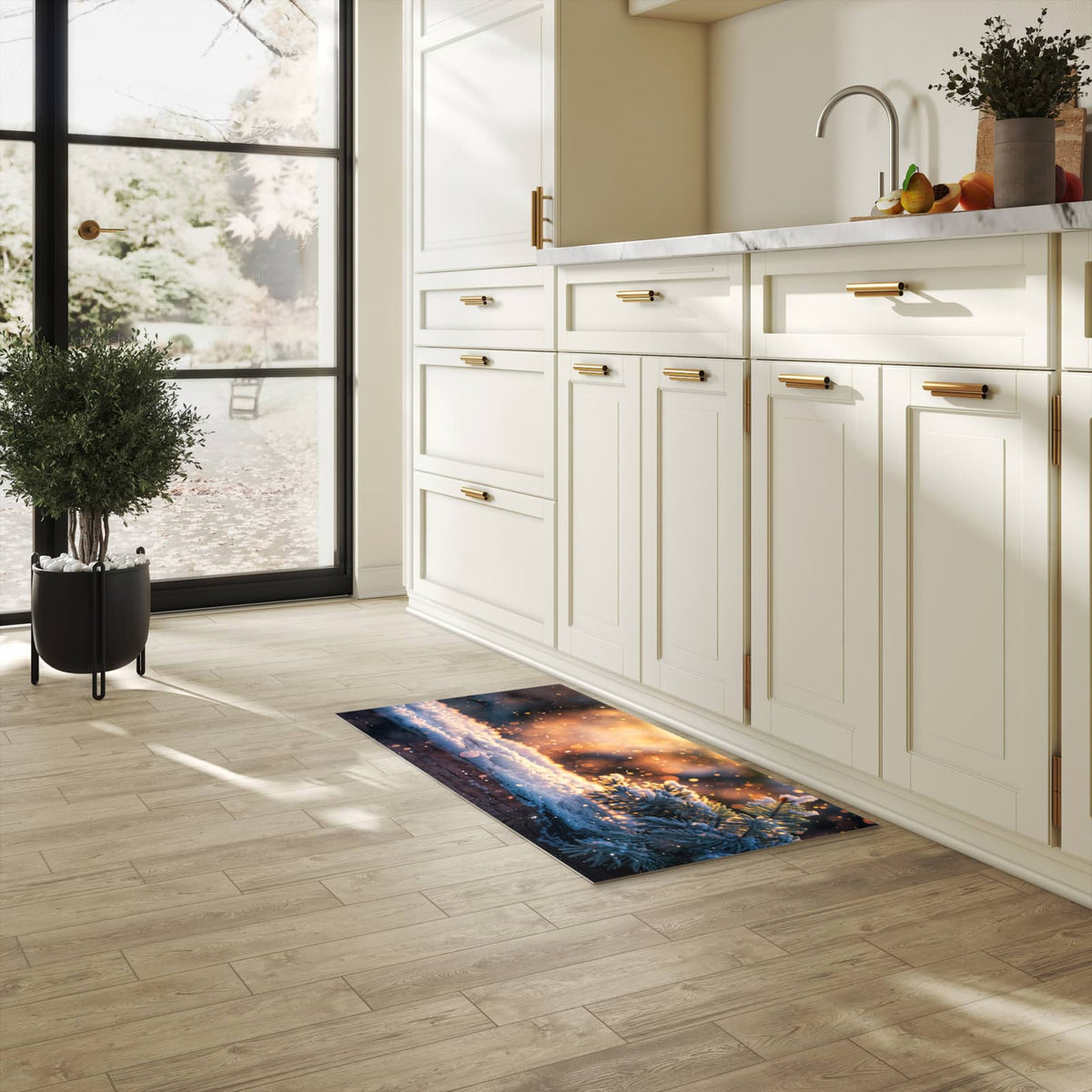 Bodenschonender Bodenläufer-Teppich mit Motiv Winterzweig Schnee in heller Küche
