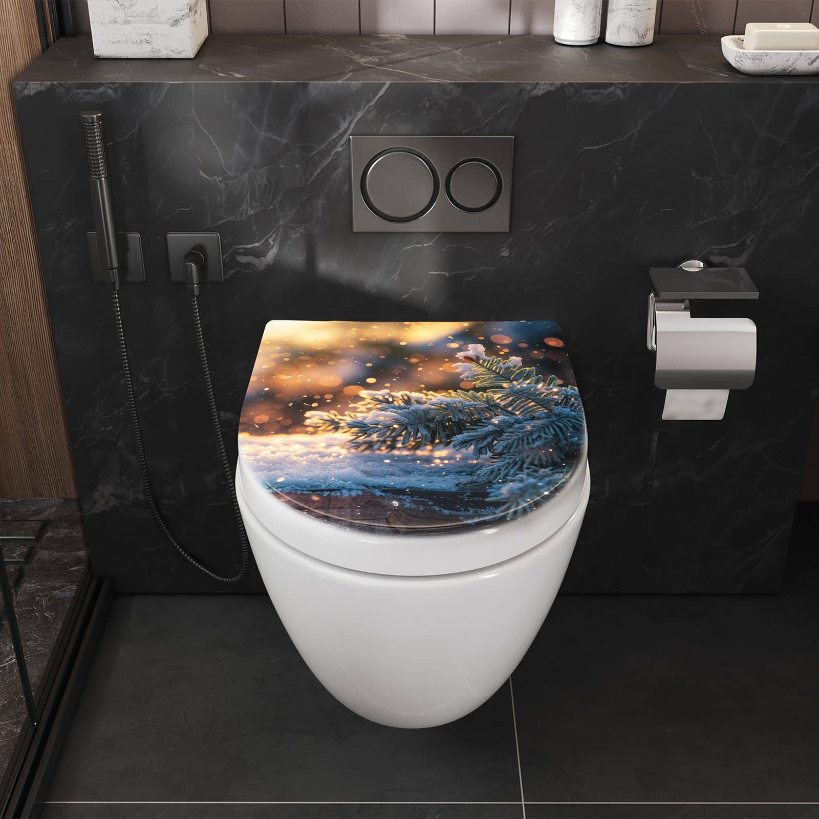 Passgenauer WC-Sitz mit Motiv Winterzweig Schnee in Badezimmer perspektive von vorne