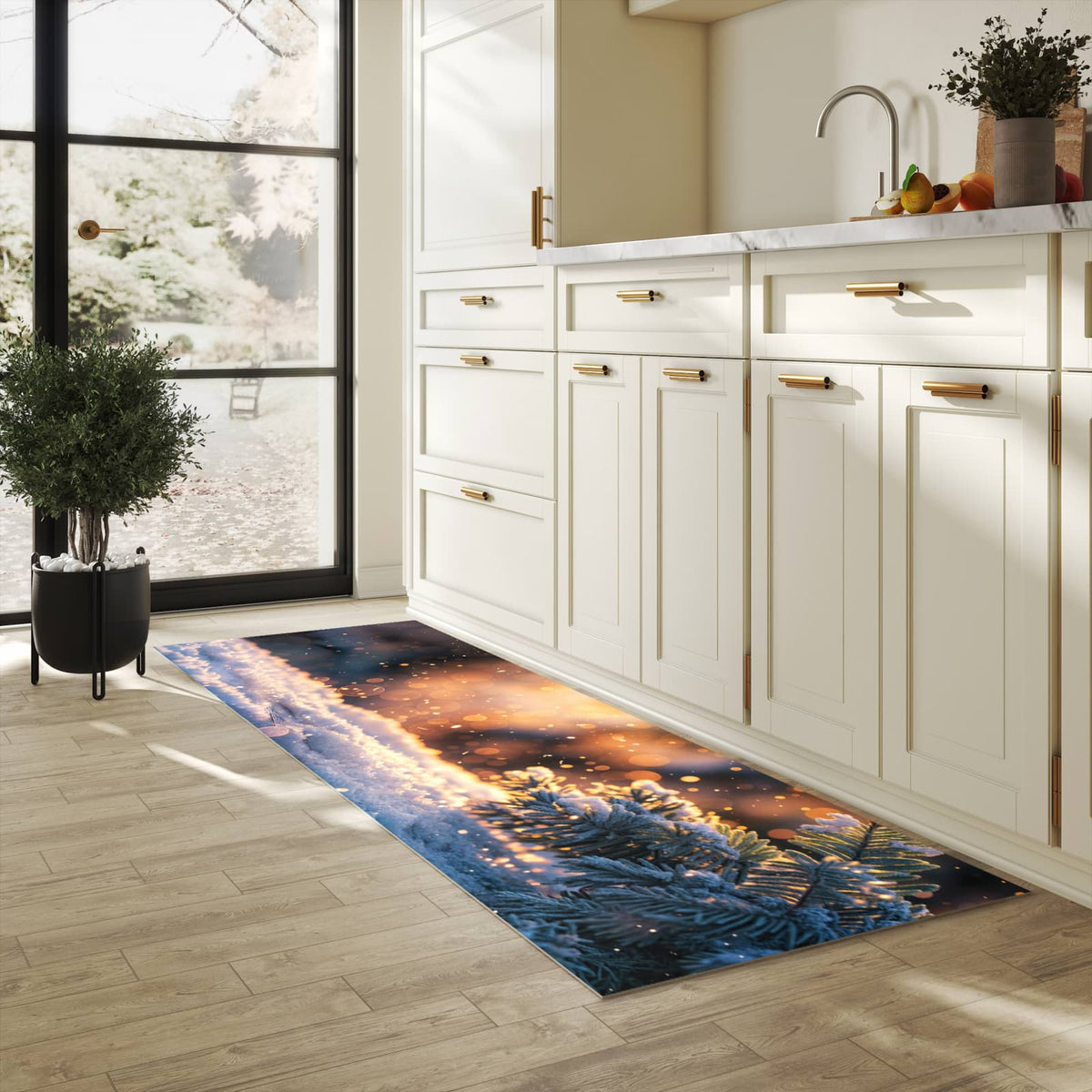Abriebfester großer Küchenteppich mit Motiv Winterzweig Schnee in heller Küche