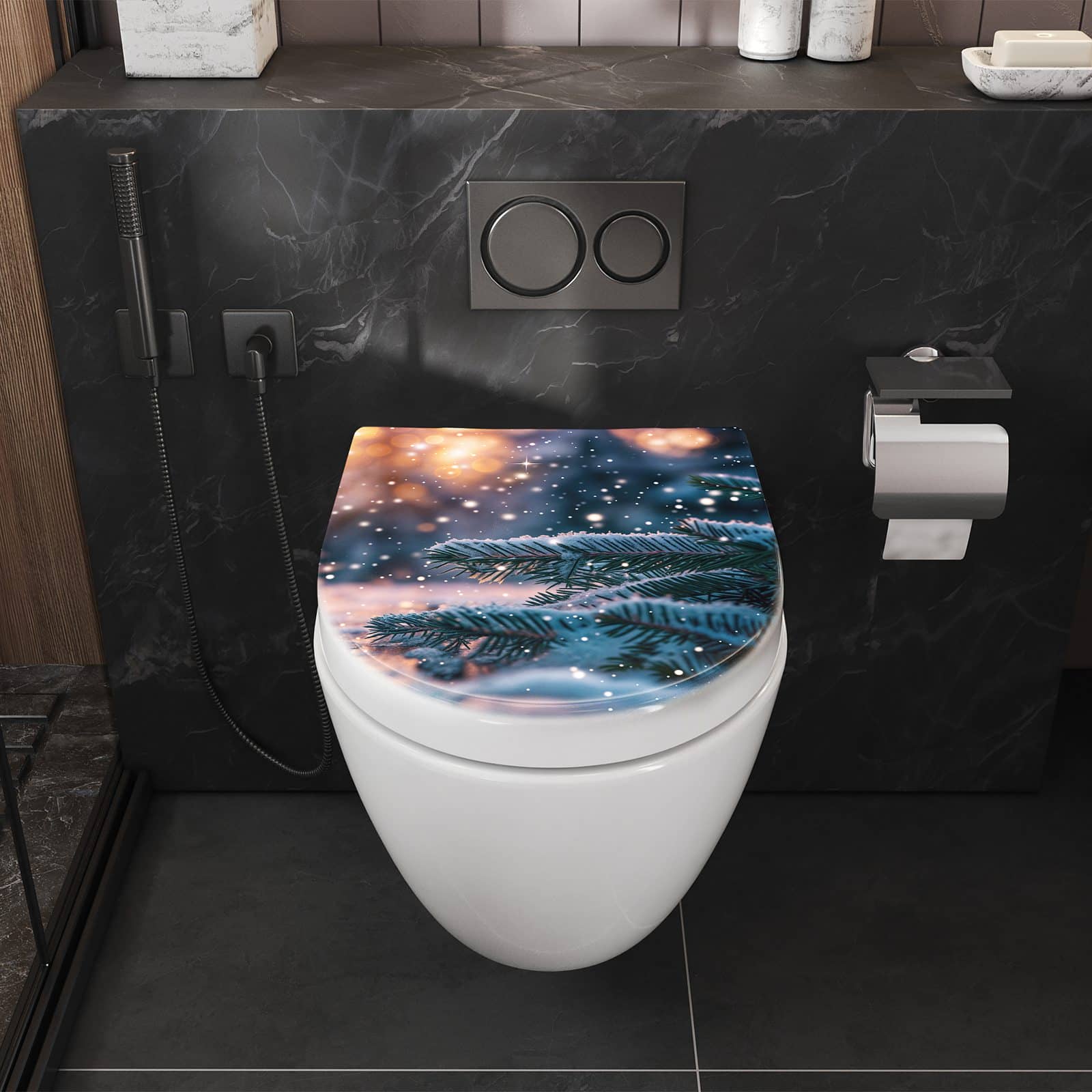 Strapazierfähiger WC-Sitz mit Absenkautomatik und Motiv Winterzauber in Badezimmer perspektive von vorne