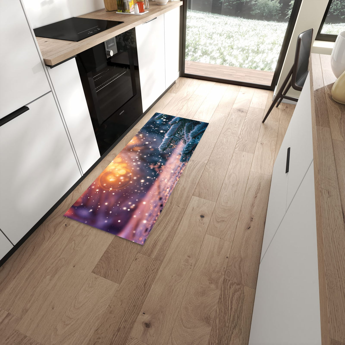 Geräuschdämpfender waschbarer Küchenläufer mit Motiv Winterzauber in moderner Küche #grösse_60 x 150 cm