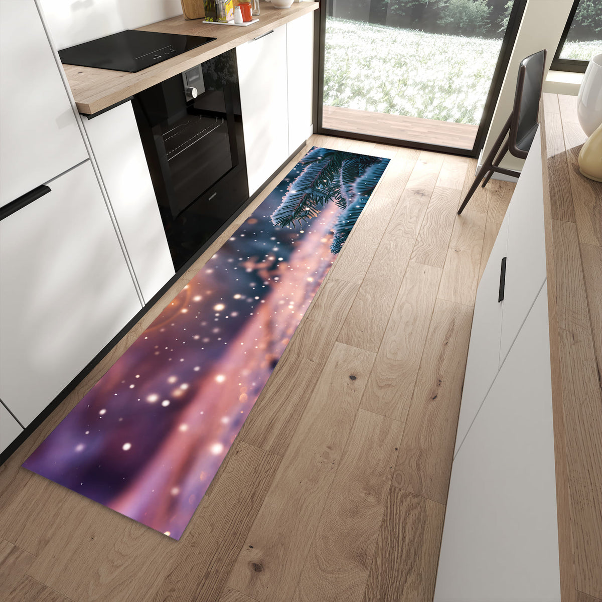 Komfortabler Küchenteppich mit Motiv Winterzauber in moderner Küche - abwaschbar