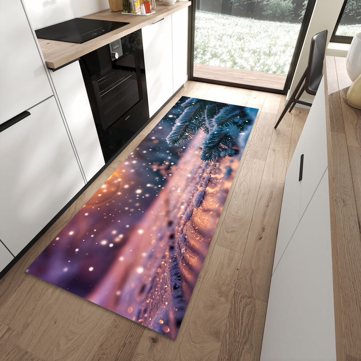 Komfortabler Küchenteppich mit Motiv Winterzauber in moderner Küche