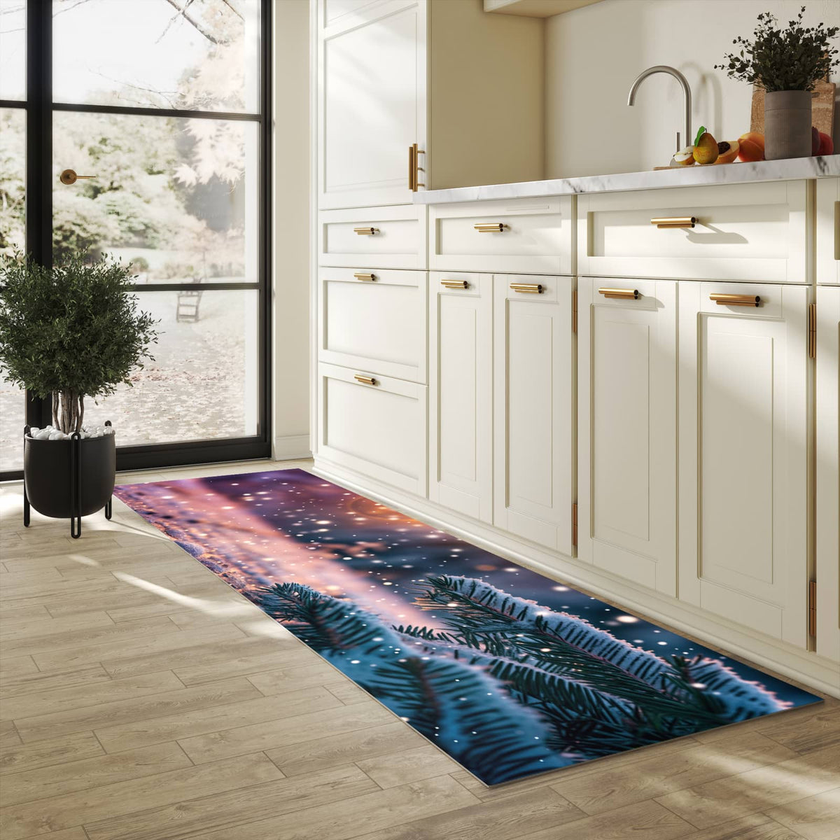 Waschbarer Teppich fürs Esszimmer mit Motiv Winterzauber in heller Küche
