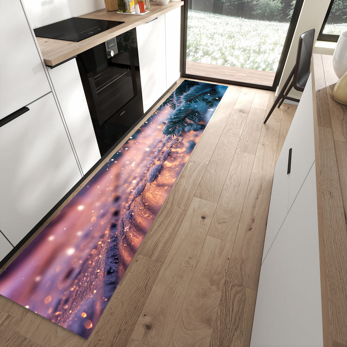 Wasserabweisender Küchenteppich mit Motiv Winterzauber in moderner Küche