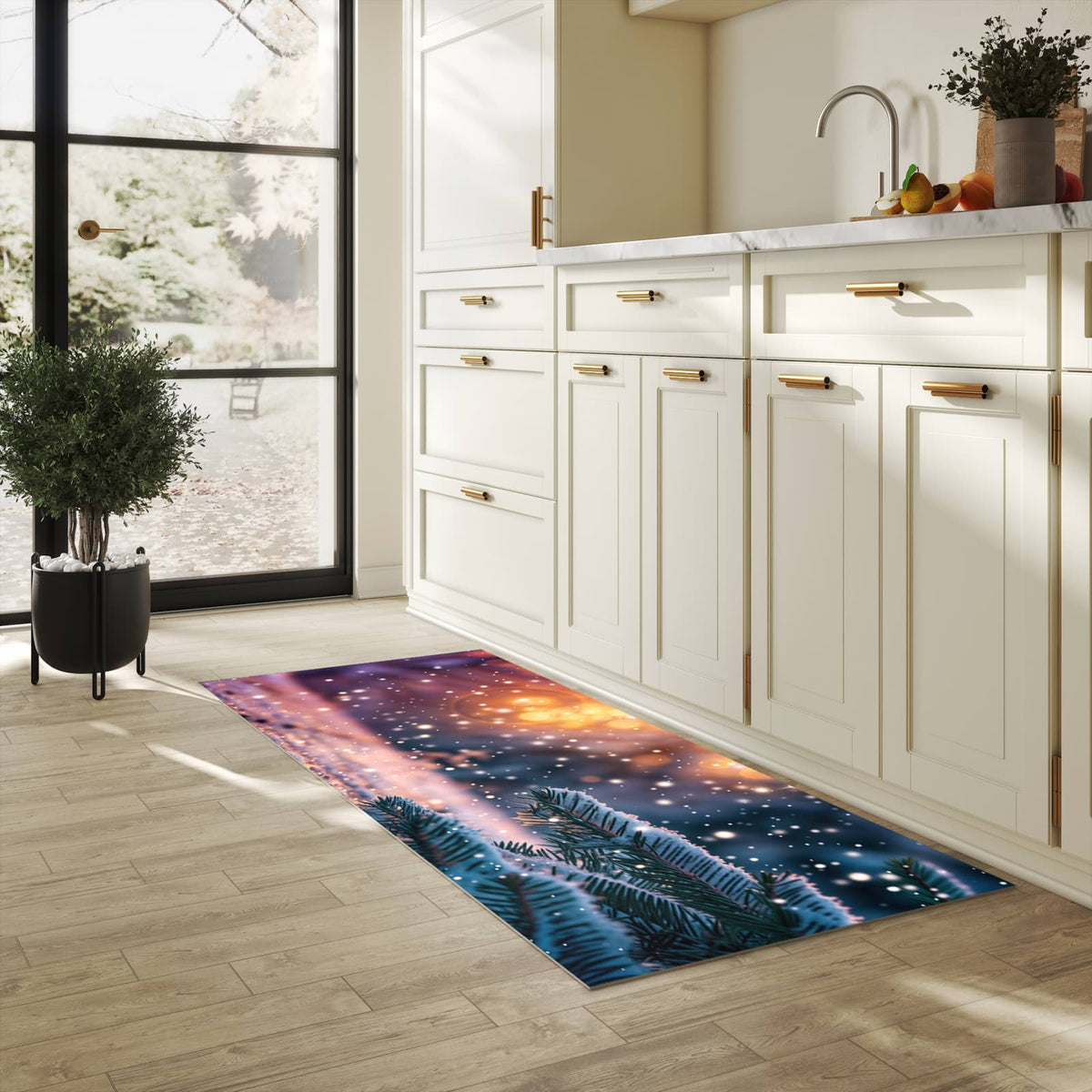 Hygienischer rutschfester Küchenteppich mit Motiv Winterzauber in heller Küche