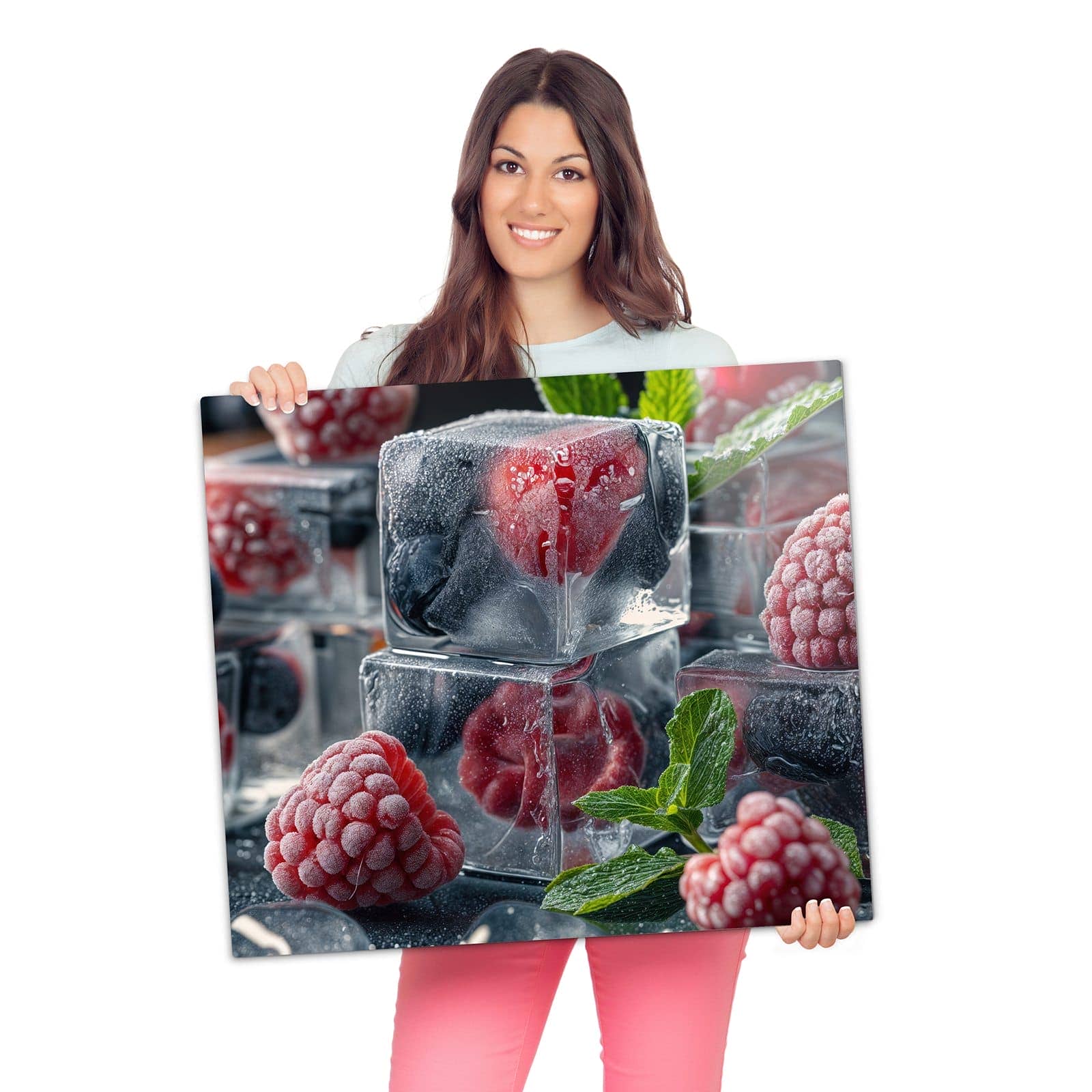 Abdeckplatte für Ceranfeld mit Beeren in Eiswürfeln-Motiv wird zur Größendarstellung gehalten