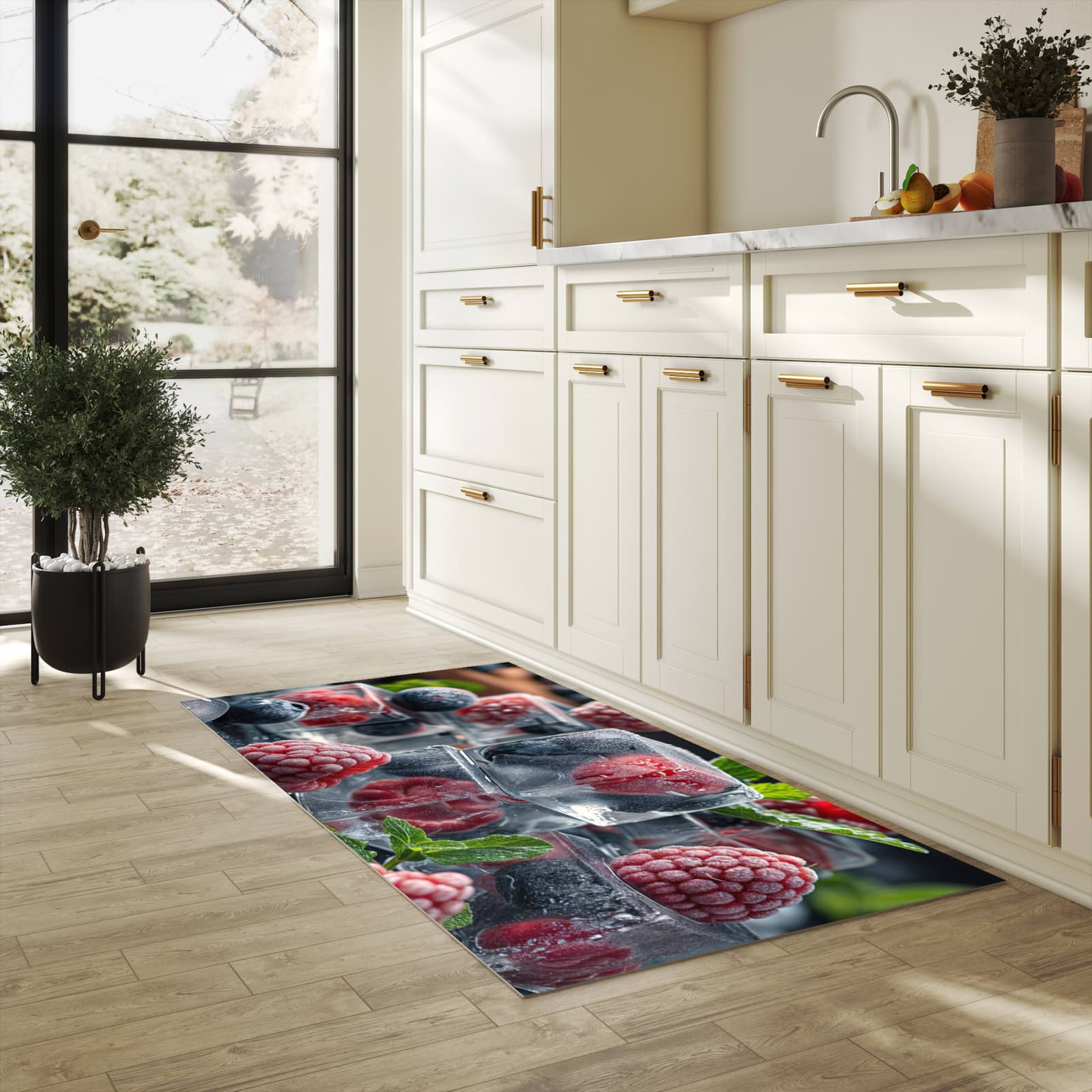 Wasserabweisender Küchenläufer mit Motiv Beeren von Gefrorene in heller Küche