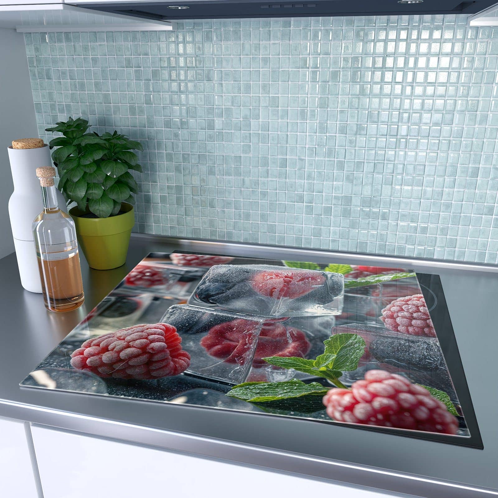 1-teilige Glasplatte für Herd mit Beeren in Eiswürfeln-Motiv auf dem Ceranfeld