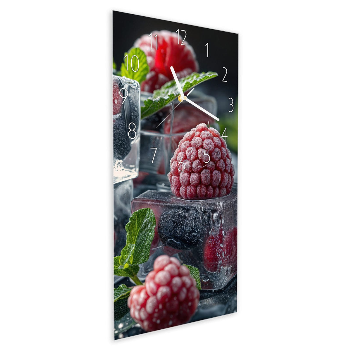 Wanduhr aus Glas im Hochformat Beeren im Eisblock schräg von der Seite, 4 mm starkes Glas
