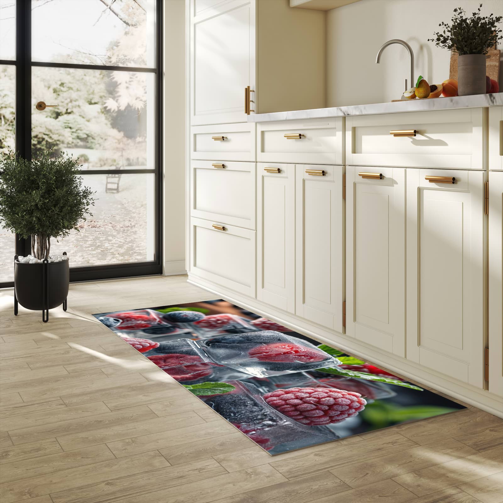 Geräuschdämpfender rutschfester Küchenteppich mit Motiv Beeren von Gefrorene in heller Küche