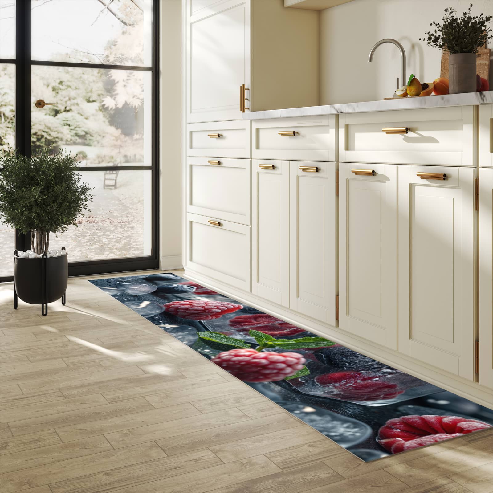 Waschbarer Küchenteppich mit Motiv Beeren von Gefrorene in heller Küche für sichere Aufbewahrung