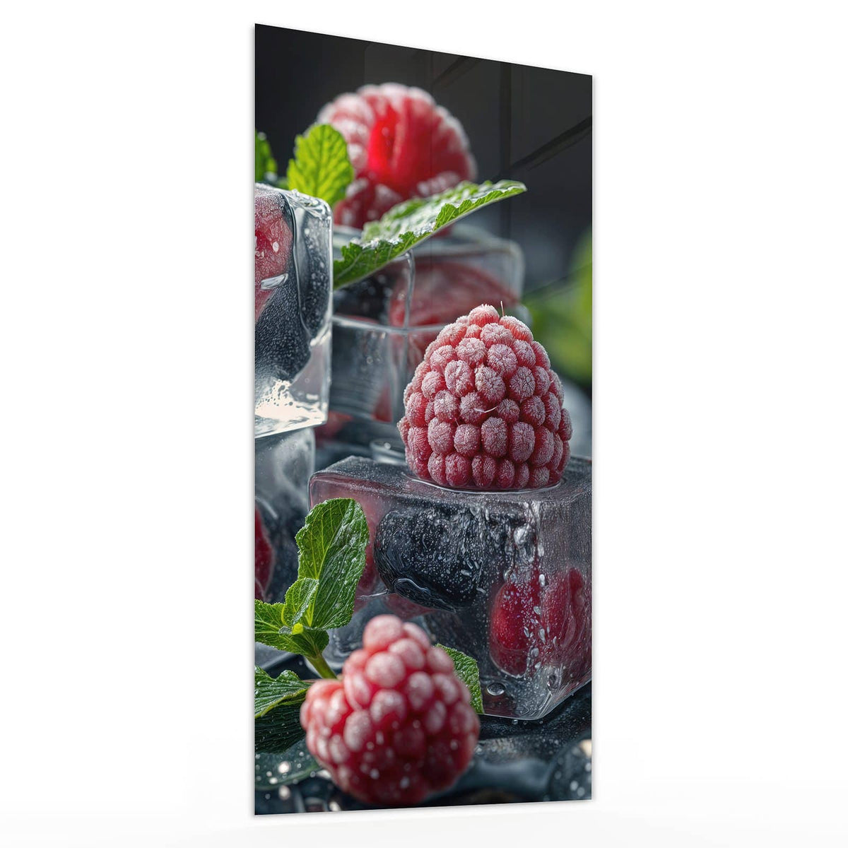 Glasbild Beeren im Eisblock von der Seite, 4 mm Echtglas