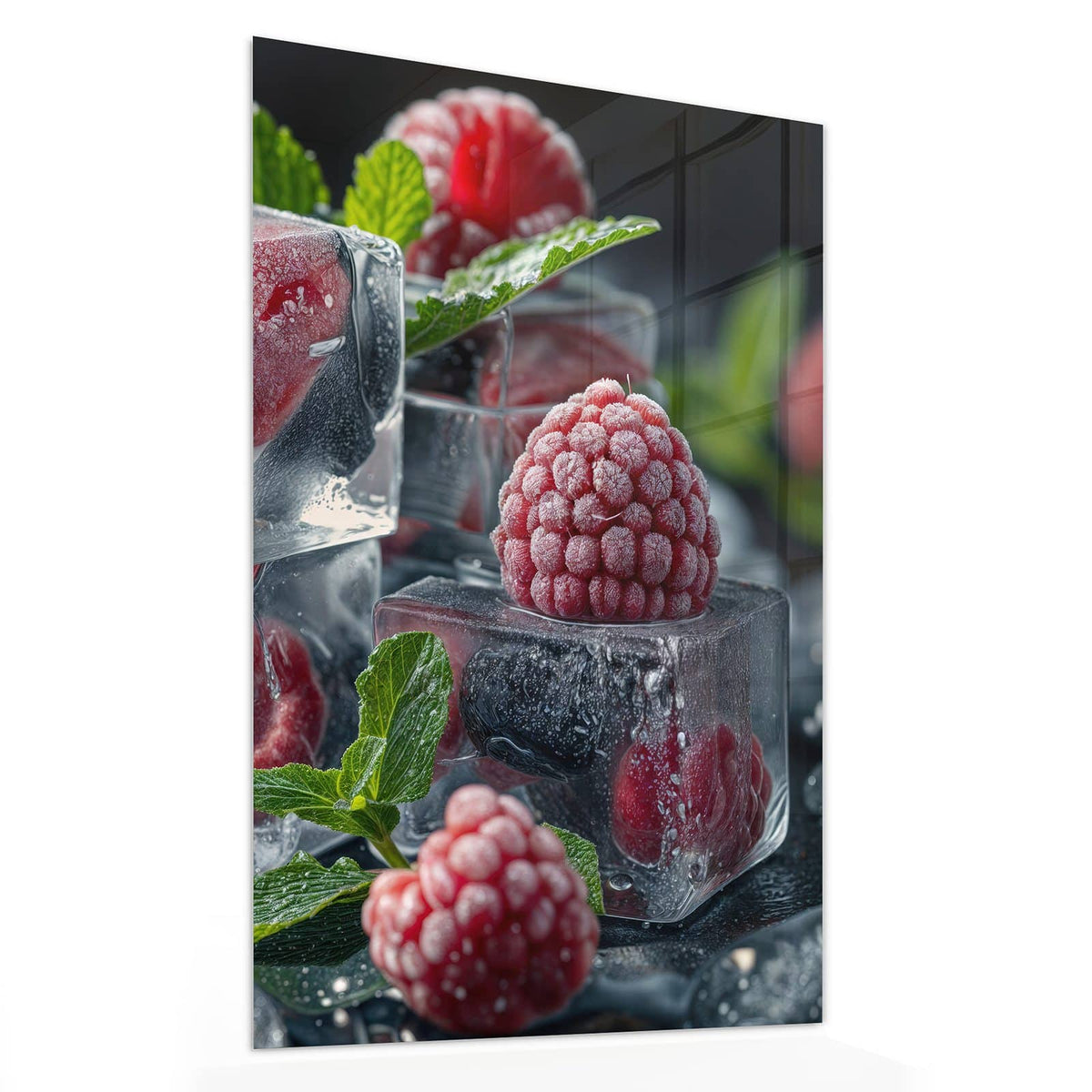 Glasbild Beeren im Eisblock von der Seite, 4 mm Echtglas